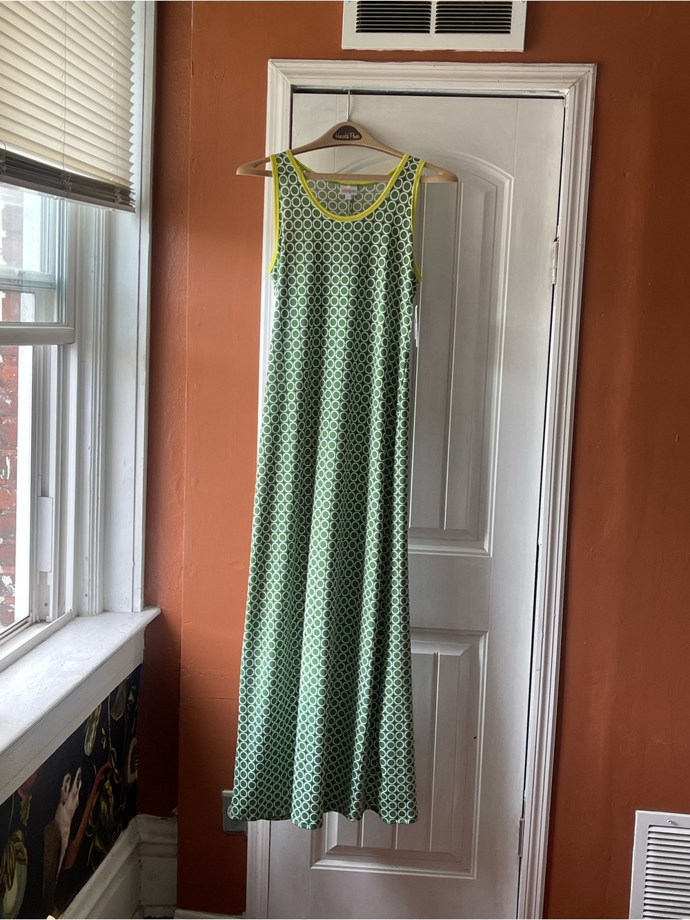 Lula Roe Sleeveless Green Geo-Print Maxi Dress with Yellow Trim Size L